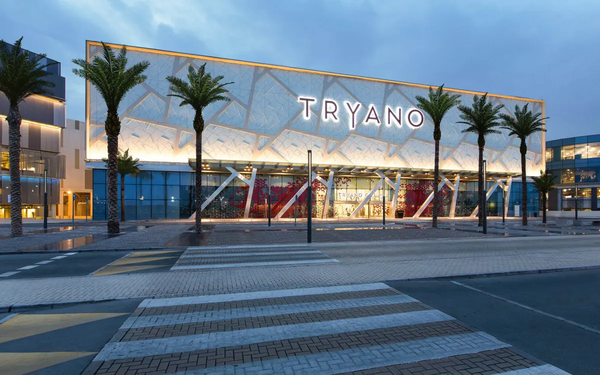 Tryano shop floor at Yas Mall, with display tables and an illuminated Tryano sign