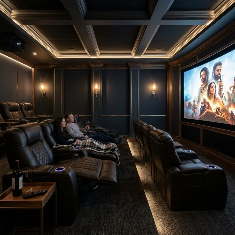 Private cinema with a projection screen and tiered seating
